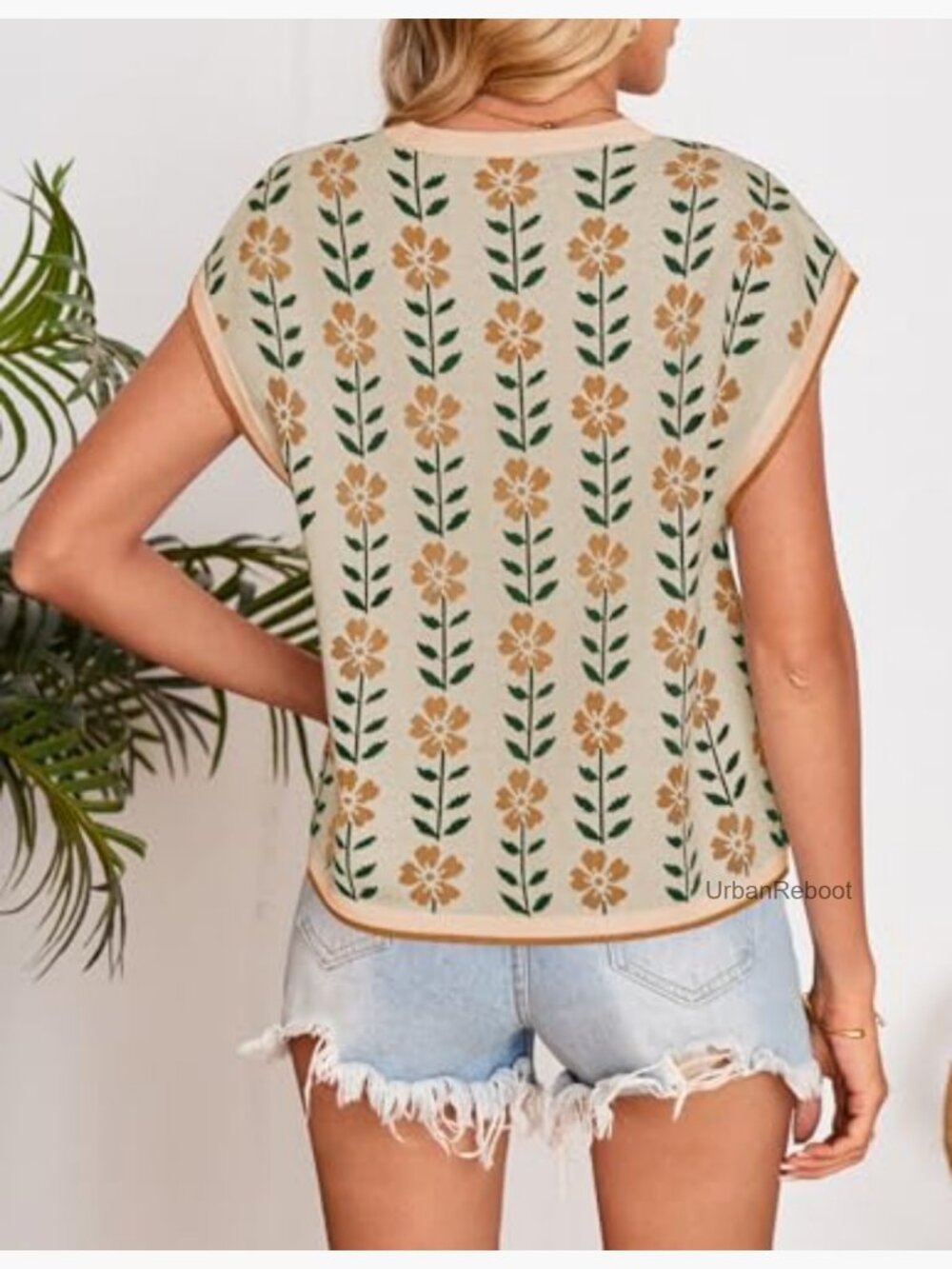 Women's Floral Short Sleeve Sweater Vest Crewneck Loose Knit Tank Top - Picture 6 of 7